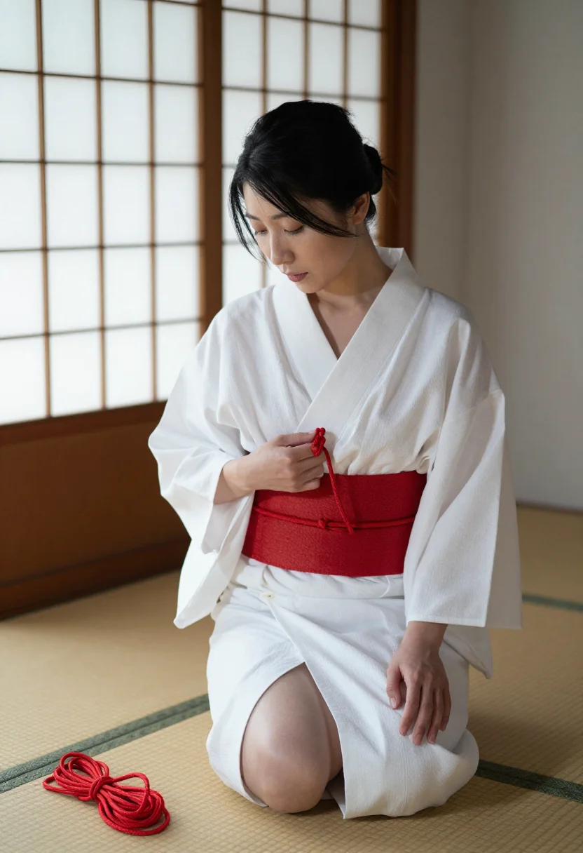 AI shibari tatami sample — portrait of a woman, three-quarter view on the tatami in soft shoji light
