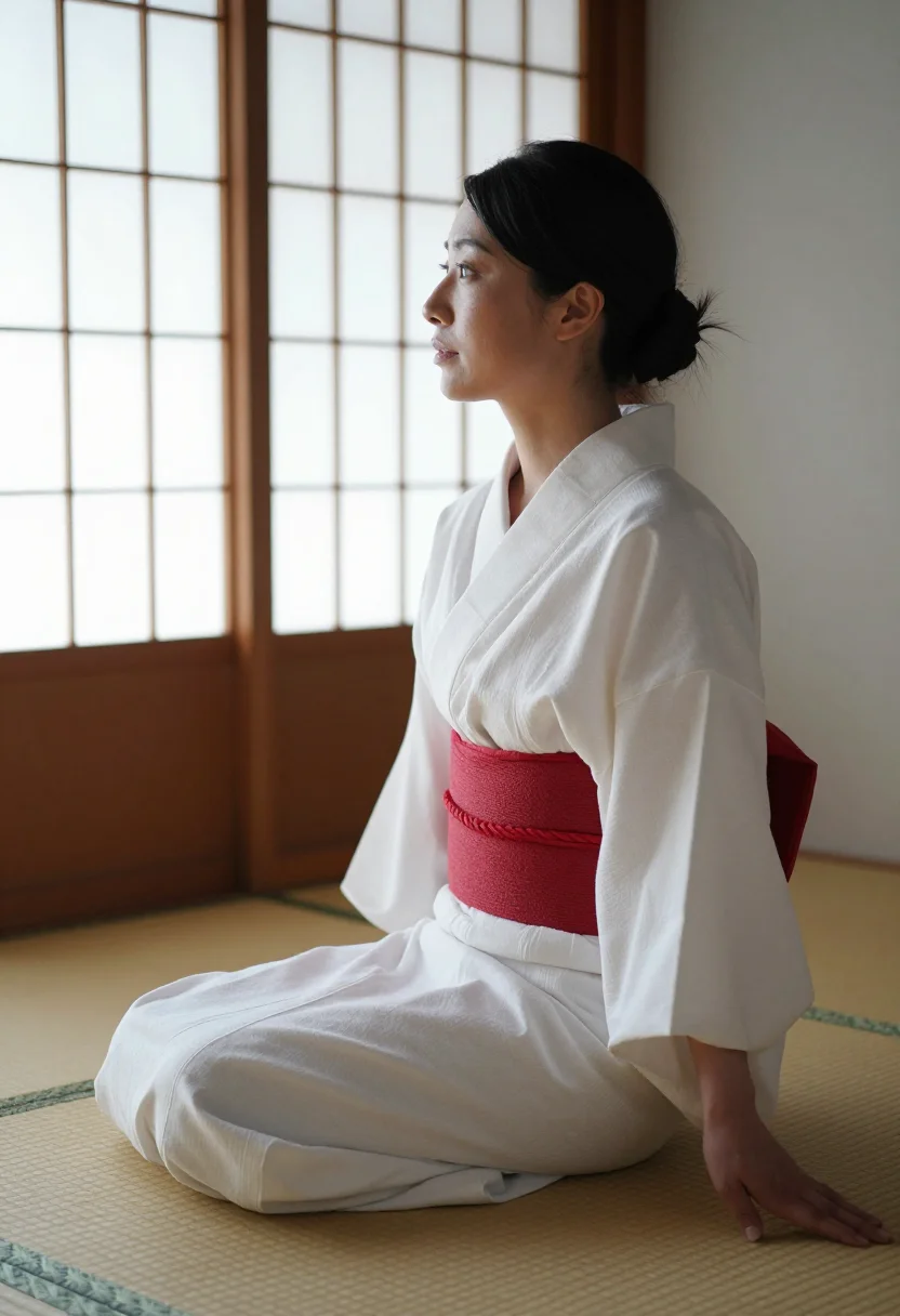 AI shibari tatami sample — portrait of a woman, side view seated on the edge of the tatami