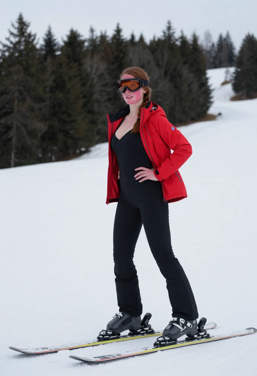 AI ski instructor sample — photograph of a grown woman, Austrian, with pale skin flushe