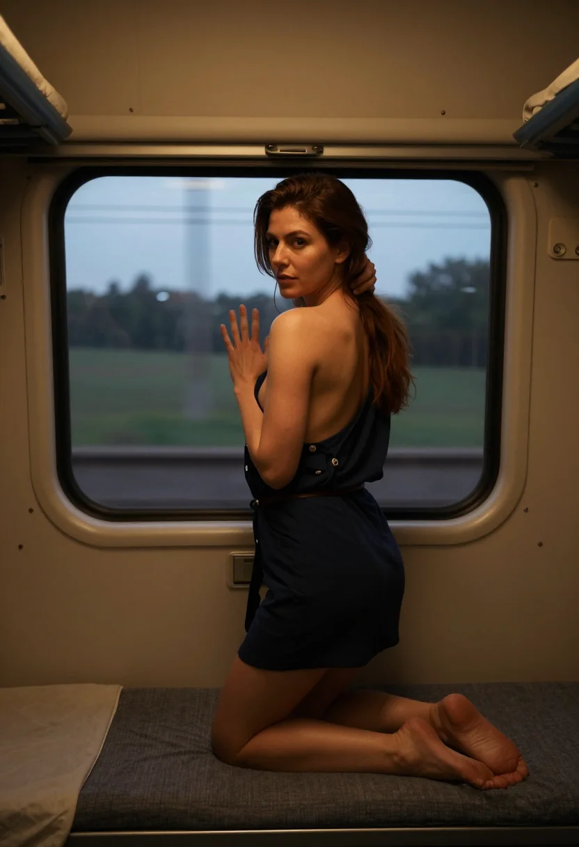 AI sleeper berth sample — photograph of a grown woman, Western-European, with warm oli