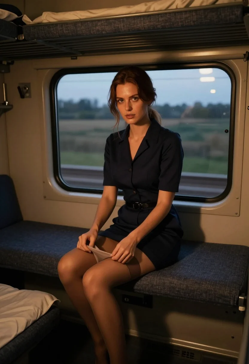 AI sleeper berth sample — photograph of a grown woman, Western-European, with warm oli