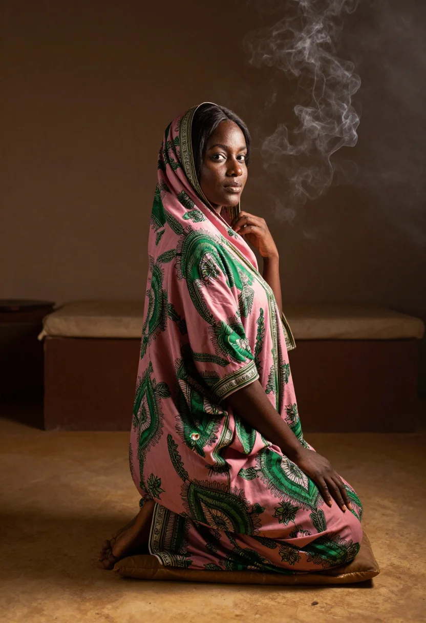 AI somali dirac sample — portrait of a Somali woman, full-length rear three-quarter, the printed dirac in the living room