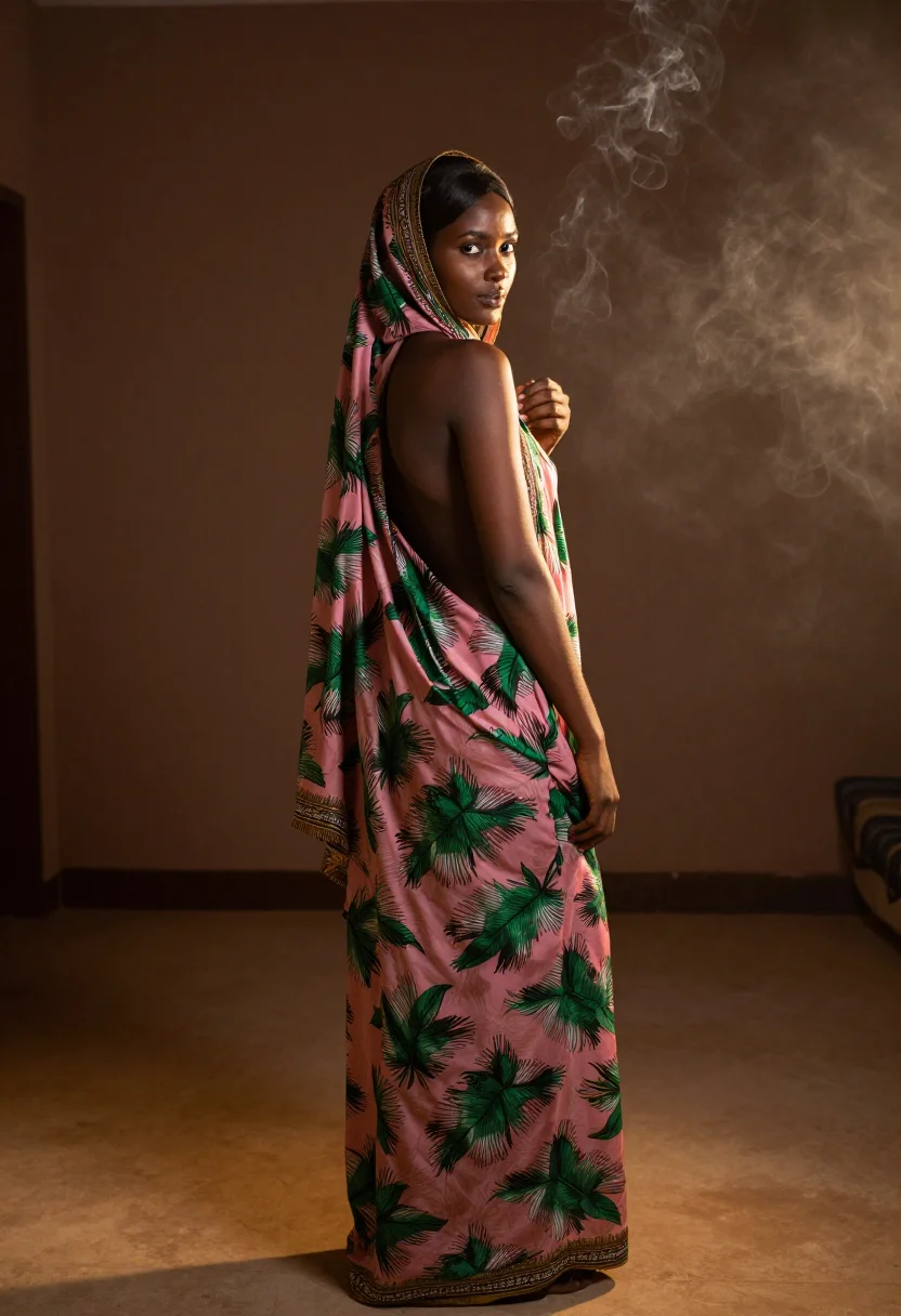 AI somali dirac sample — portrait of a Somali woman, full-length rear three-quarter, the incense smoke around her