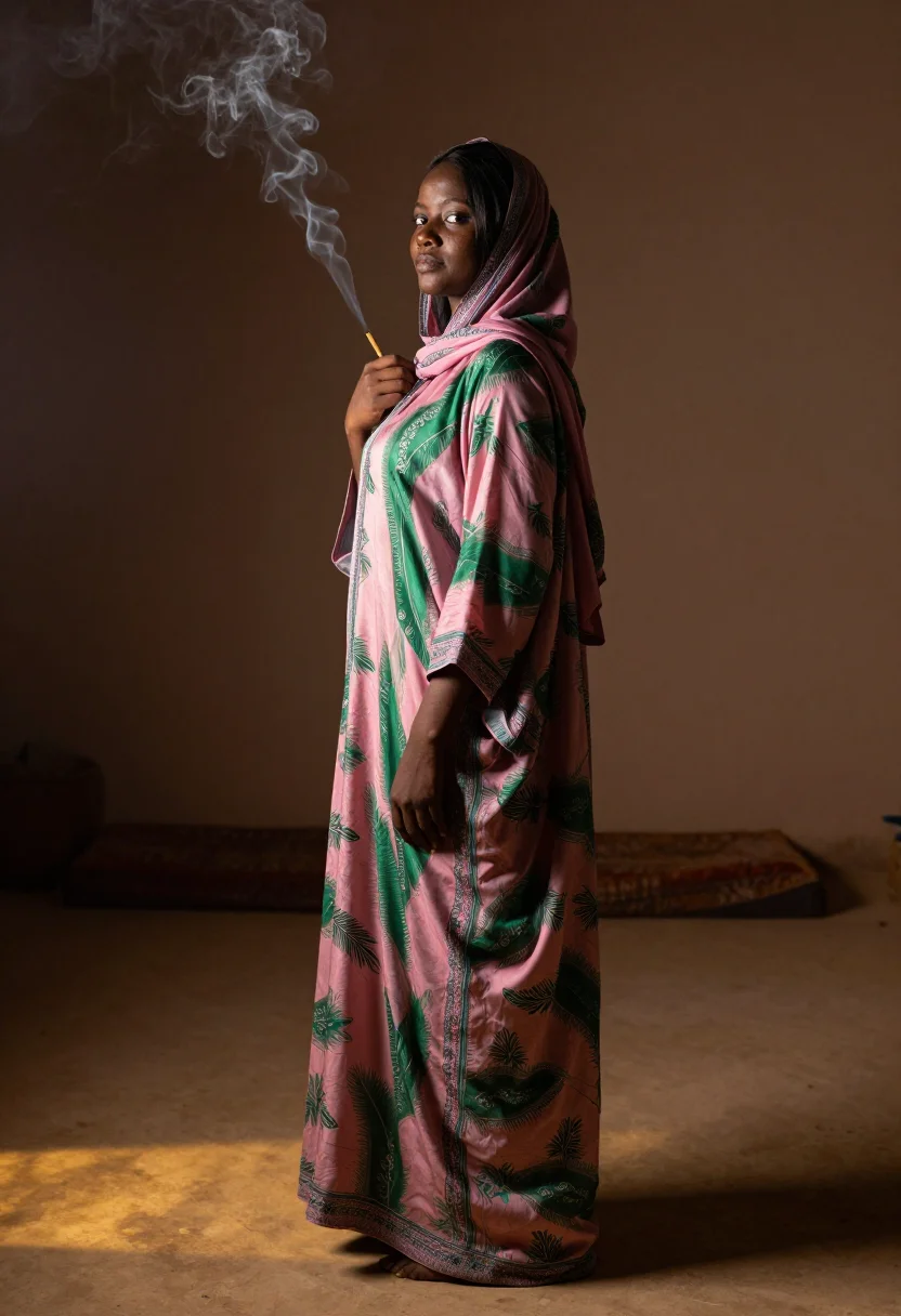 AI somali dirac sample — portrait of a Somali woman, full-length side profile, the slip removed and the dirac sheer