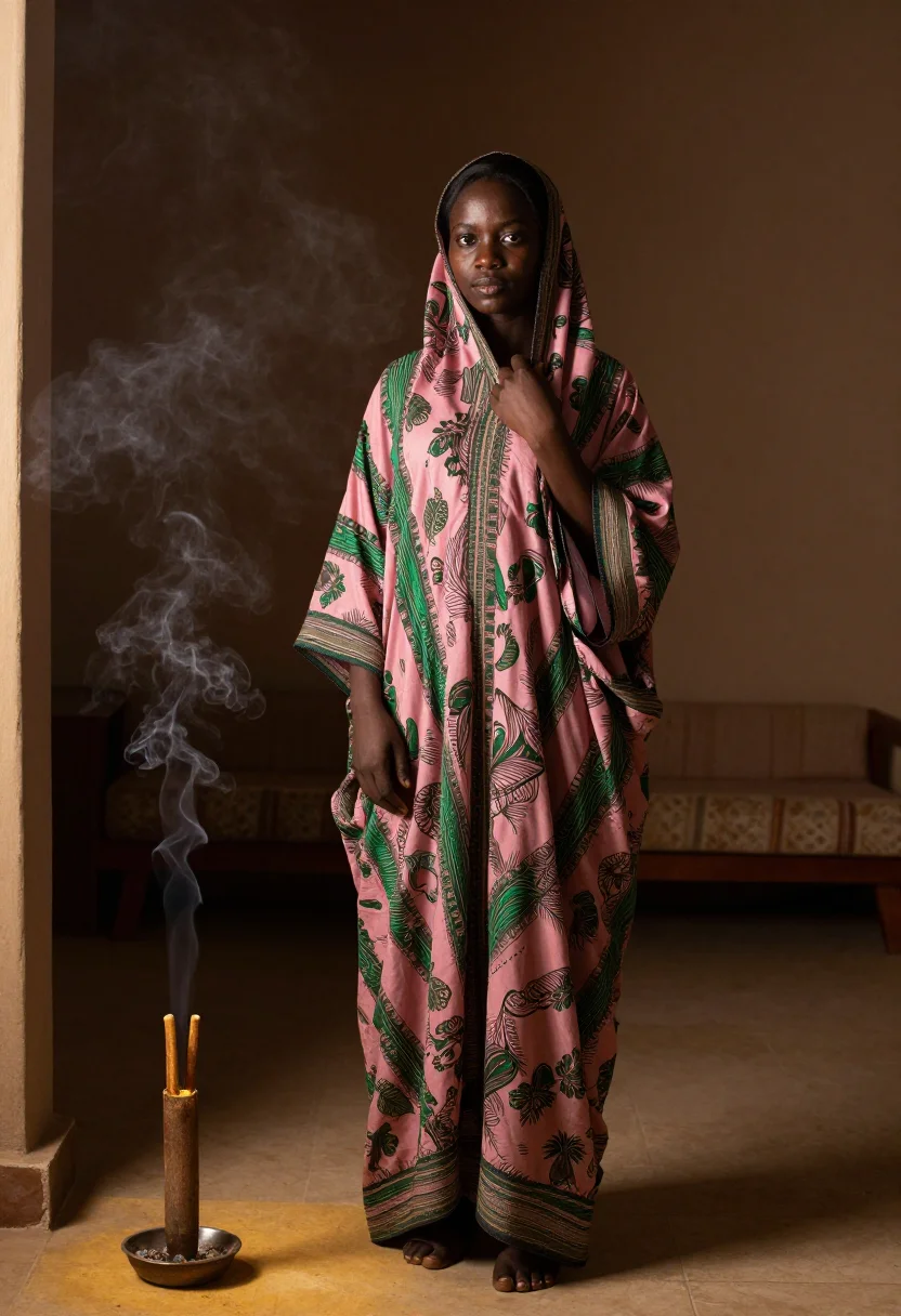 AI somali dirac sample — portrait of a Somali woman, full-length, the voile showing the slip's line in the lamplight