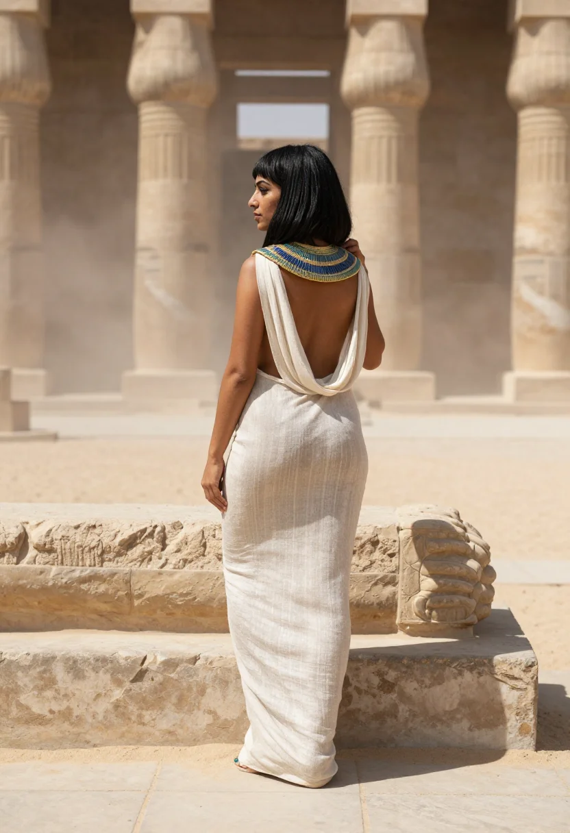 AI sphinx riddle sample — photograph of a grown woman, Egyptian, with warm brown skin, in profile on the temple step, the headdress and collar against the columns.