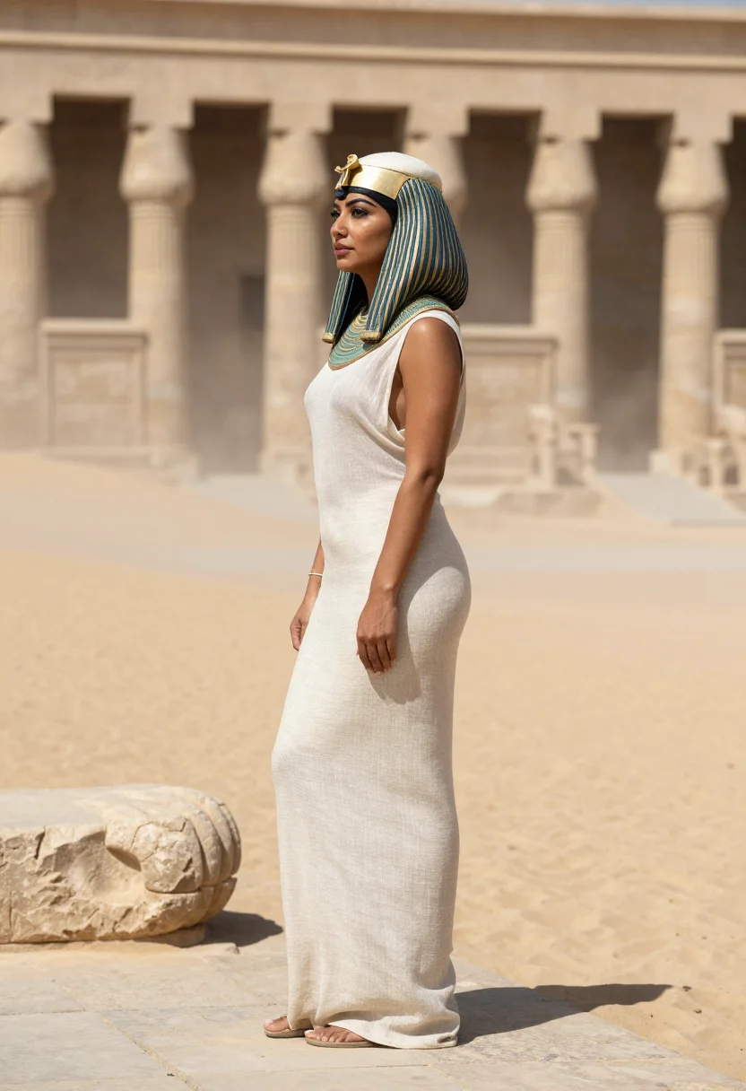 AI sphinx riddle sample — photograph of a grown woman, Egyptian, with warm brown skin, in the temple's noon light, the gold collar bright and the linen sheer.