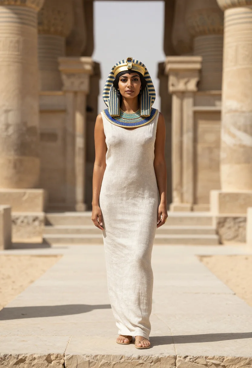 AI sphinx riddle sample — photograph of a grown woman, Egyptian, with warm brown skin, standing on the temple step in a banded headdress and gold collar over sheer linen.