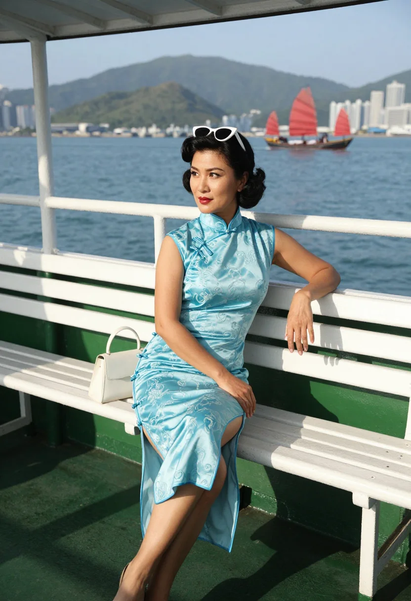 AI star ferry cheongsam sample — photograph of a woman, full-length photograph of an adult Hong Kong woman in the wind