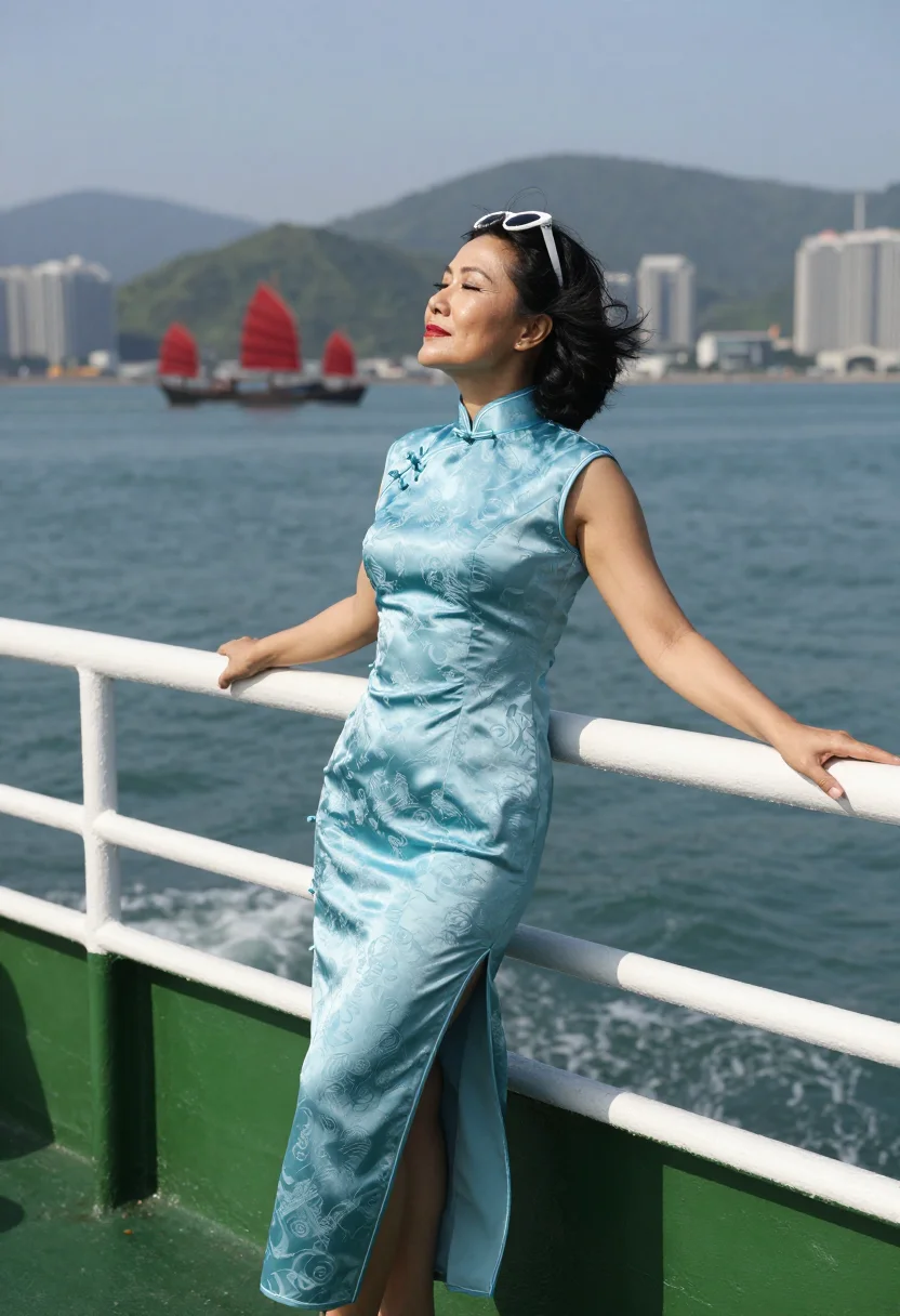AI star ferry cheongsam sample — photograph of a woman, full-length side-view photograph at the rail