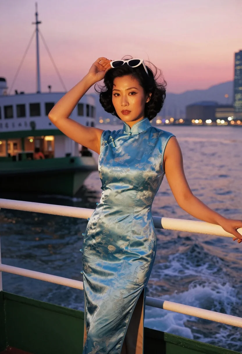AI star ferry cheongsam sample — photograph of a woman, three-quarter-length photograph at the stern rail at dusk