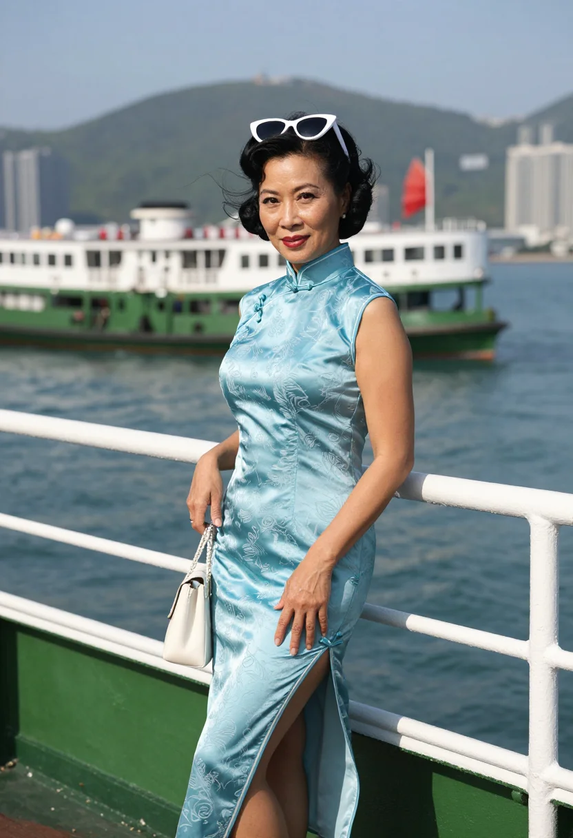 AI star ferry cheongsam sample — photograph of a woman, three-quarter-length photograph of an adult on the upper deck