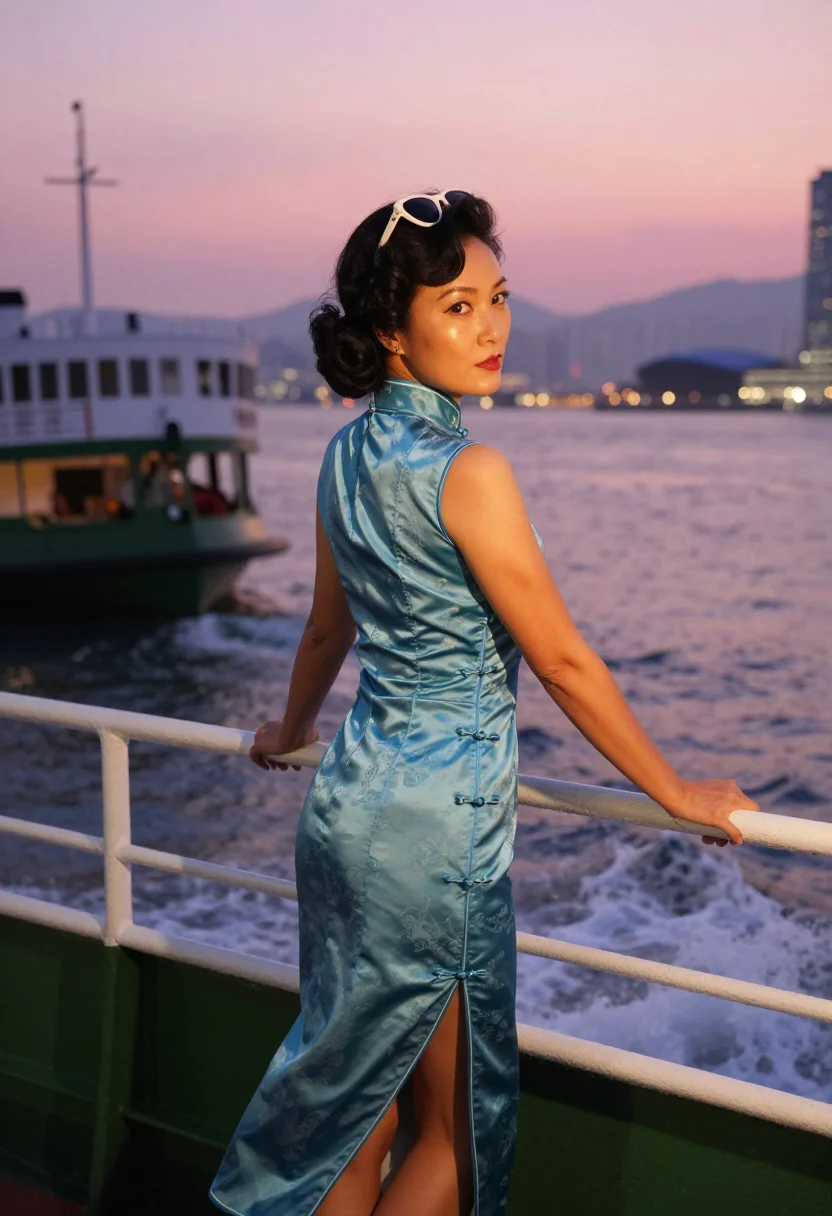 AI star ferry cheongsam sample — photograph of a woman, three-quarter rear-view photograph at the stern