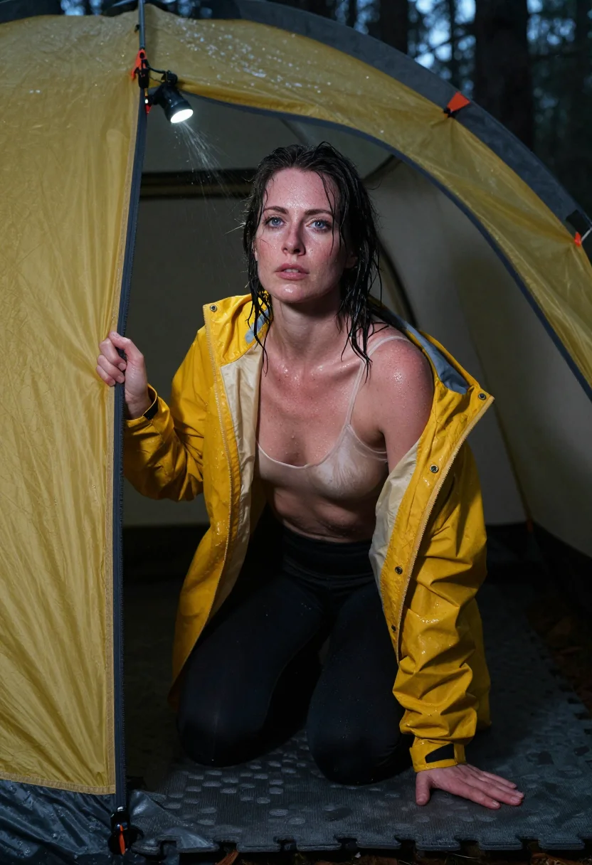 AI storm bivouac sample — portrait of a woman, three-quarter hands-and-knees frame of 