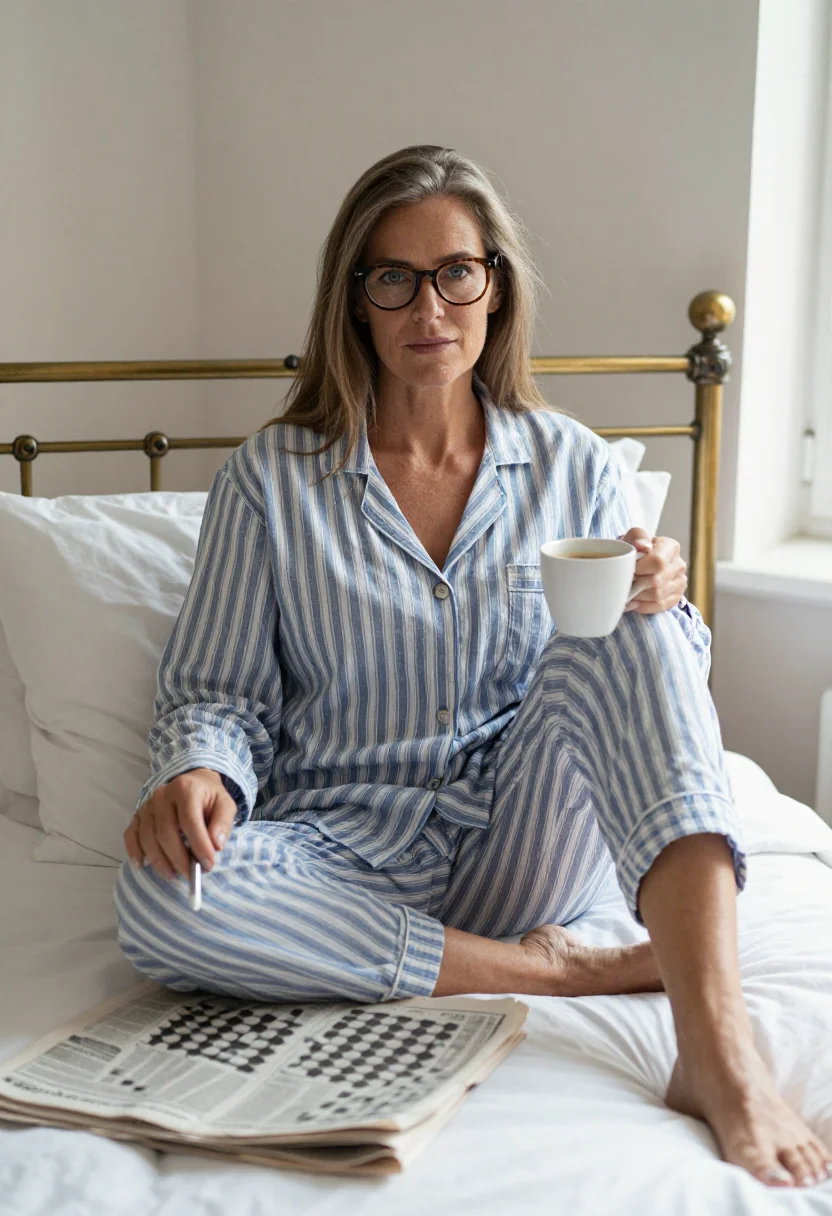 AI striped pyjamas sample — portrait of an adult woman, one frame of the nine-frame set
