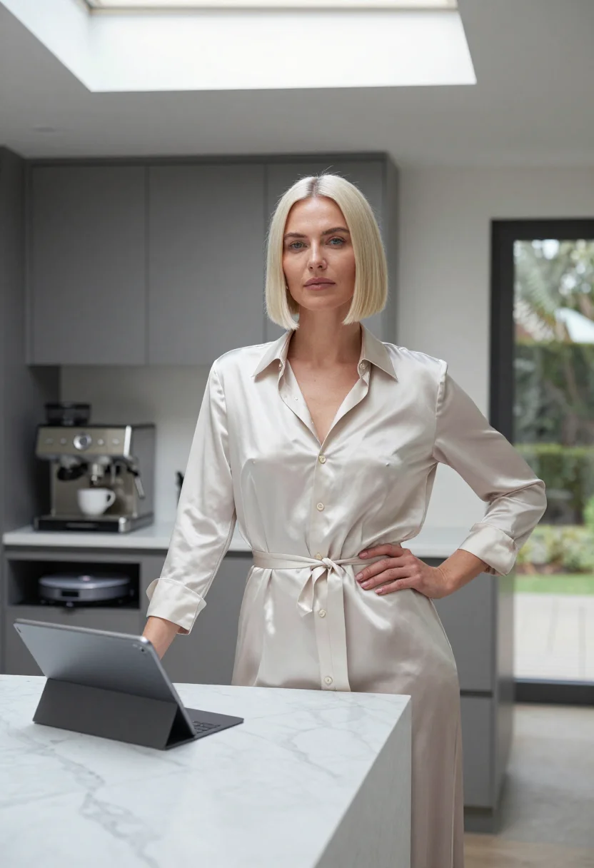 AI suburban noon sample — portrait of a woman, half-length three-quarter portrait of a grown adult in a silk shirt-dress at the marble island