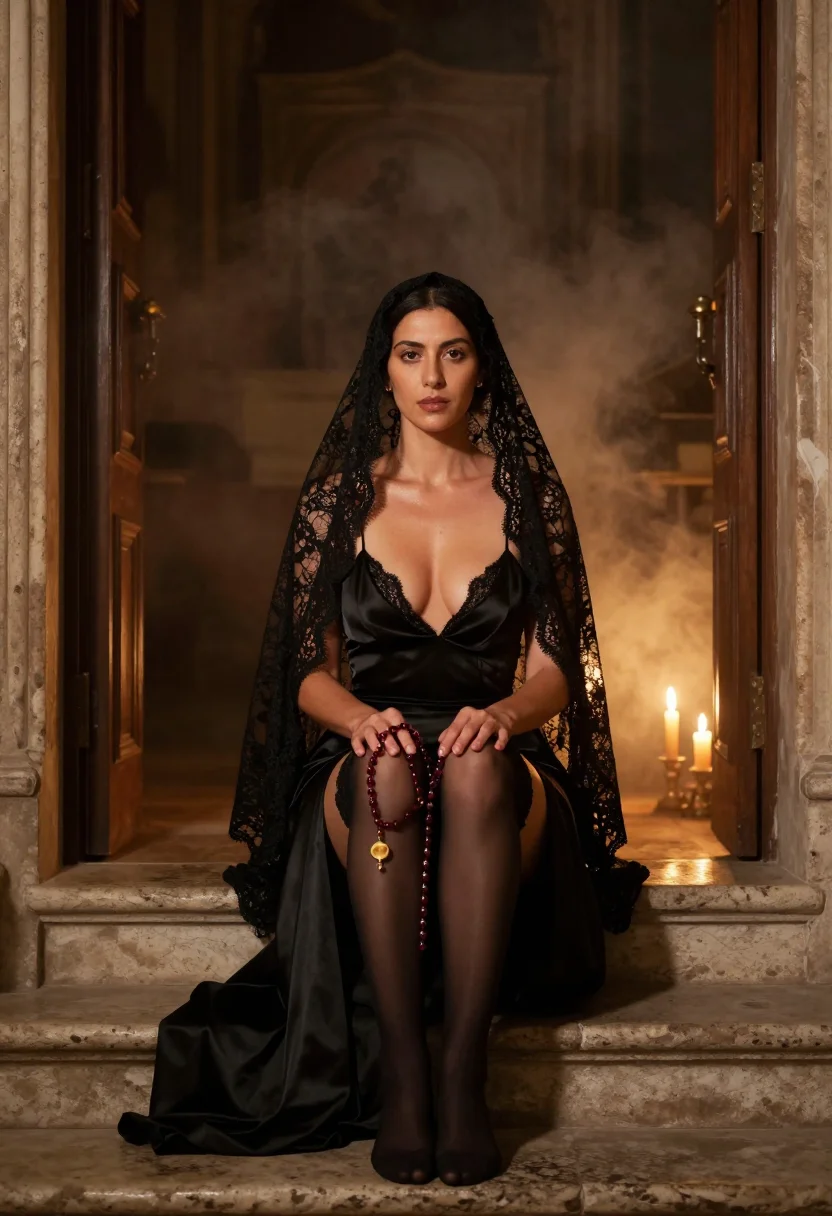 AI succubus confessional sample — photograph of a woman, full-length three-quarter view on the red velvet kneeler