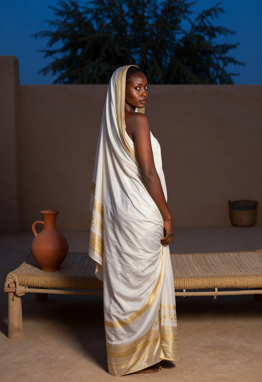 AI sudanese toub sample — portrait of a woman, full-length rear three-quarter photograph of a Sudanese woman, the toub's print visible in the blue light of the courtyard.