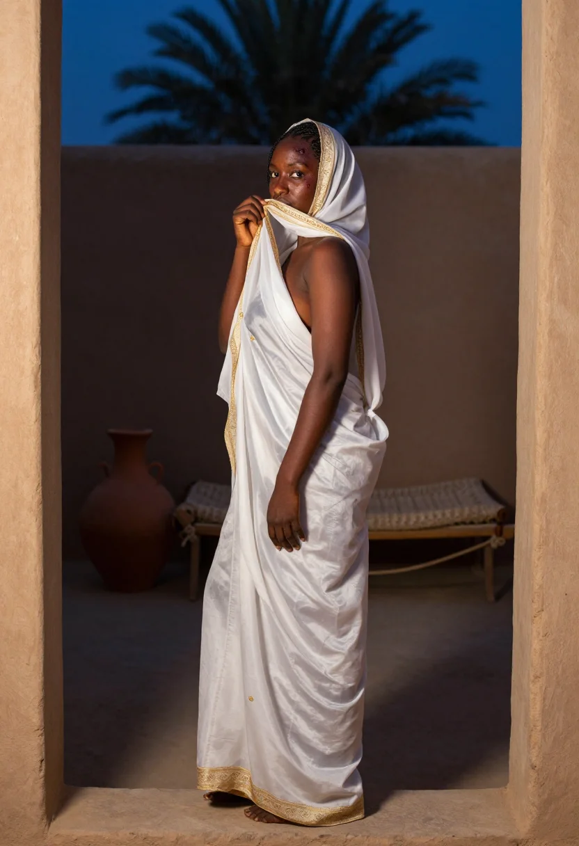 AI sudanese toub sample — portrait of a woman, full-length side-profile photograph of a Sudanese woman, the toub falling in soft folds against the clay wall.
