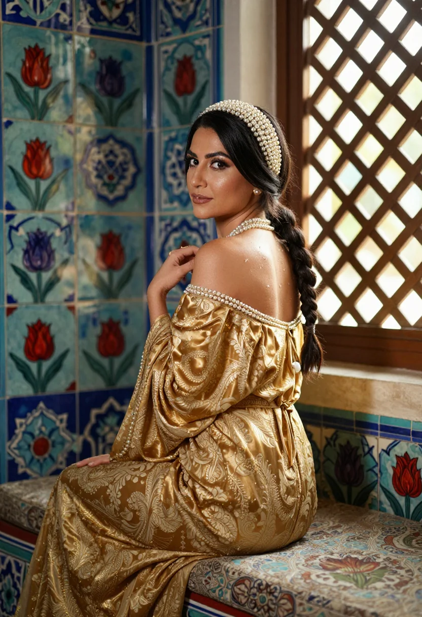 AI sultana chamber sample — photograph of a woman, rear three-quarter photograph of a Turkish woman beneath the tiles