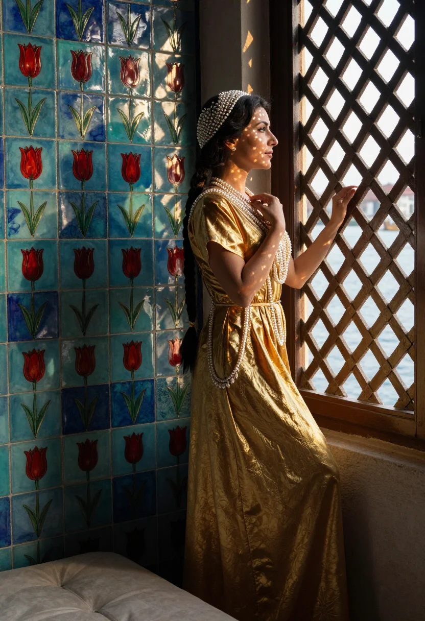 AI sultana chamber sample — photograph of a woman, full-length side-profile photograph at the latticed window
