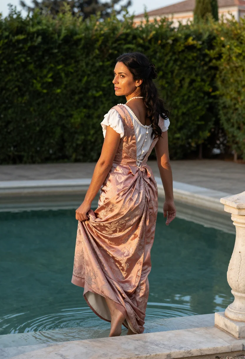AI susanna bath sample — portrait of a woman, full-length rear portrait of a grown, toned adult woman, the gown on the marble, turning at a sound
