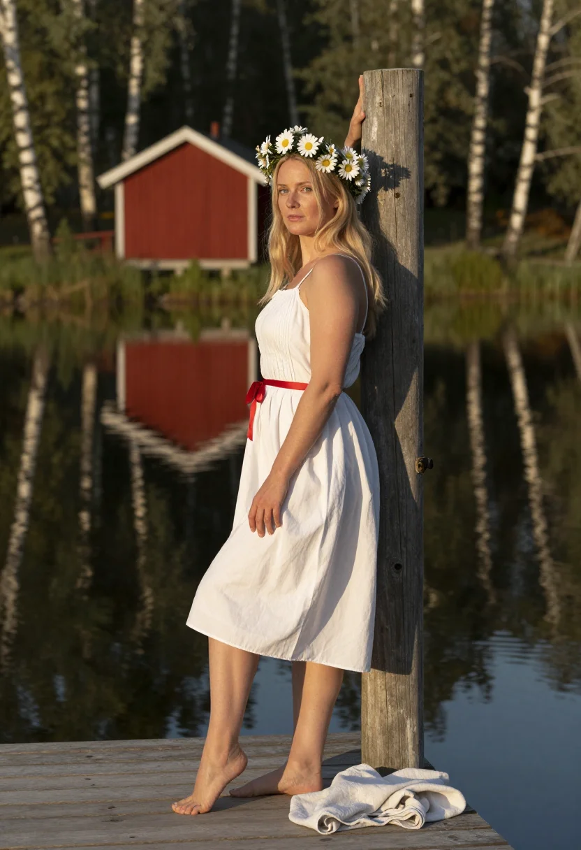 AI swedish midsummer sample — photograph of a grown woman, Swedish, with pale skin, blue eyes, at the jetty's end with the red ribbon at her waist and the lake behind.
