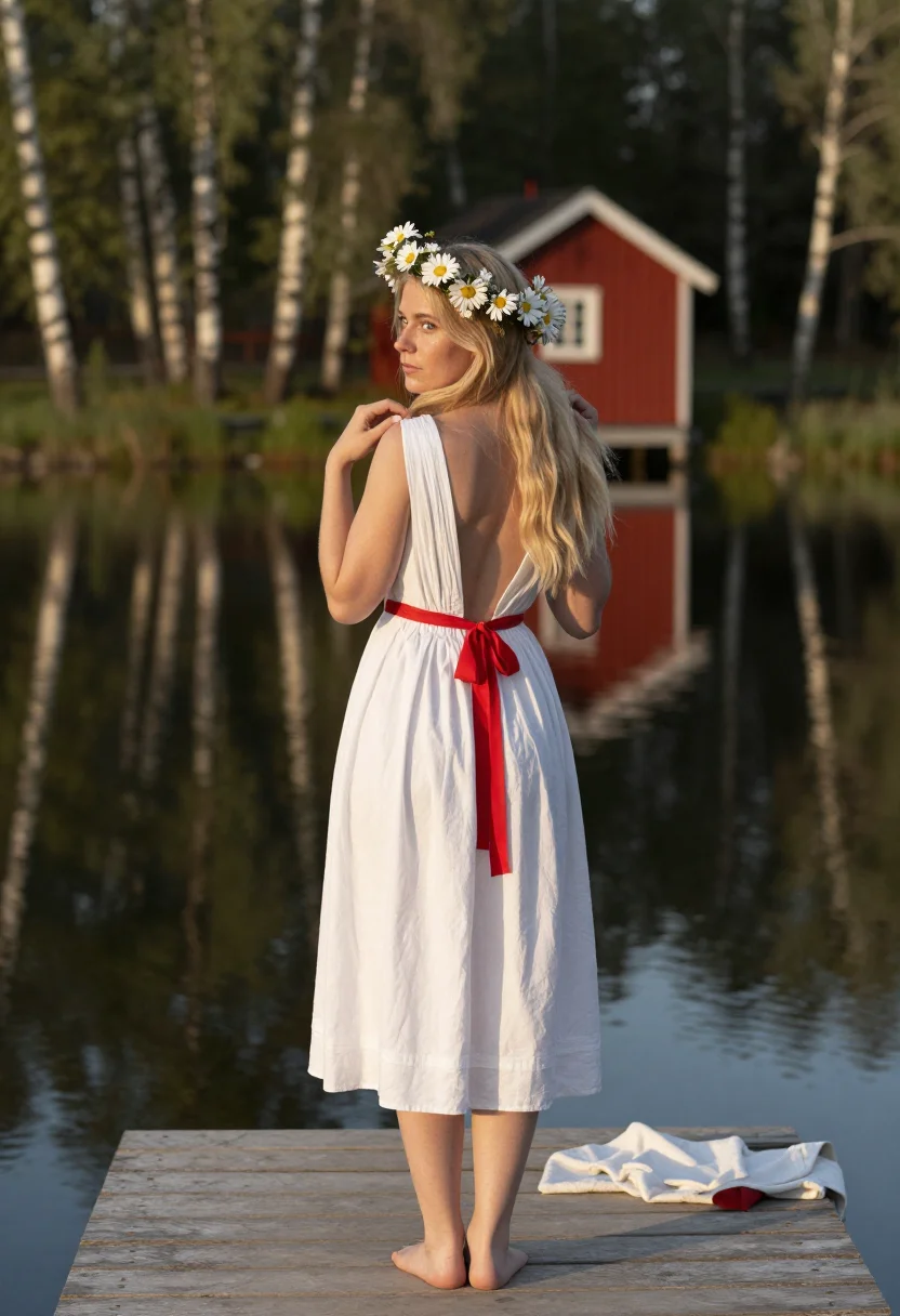 AI swedish midsummer sample — photograph of a grown woman, Swedish, with pale skin, blue eyes, in profile at the jetty, the crown's cornflowers bright in the soft gold.