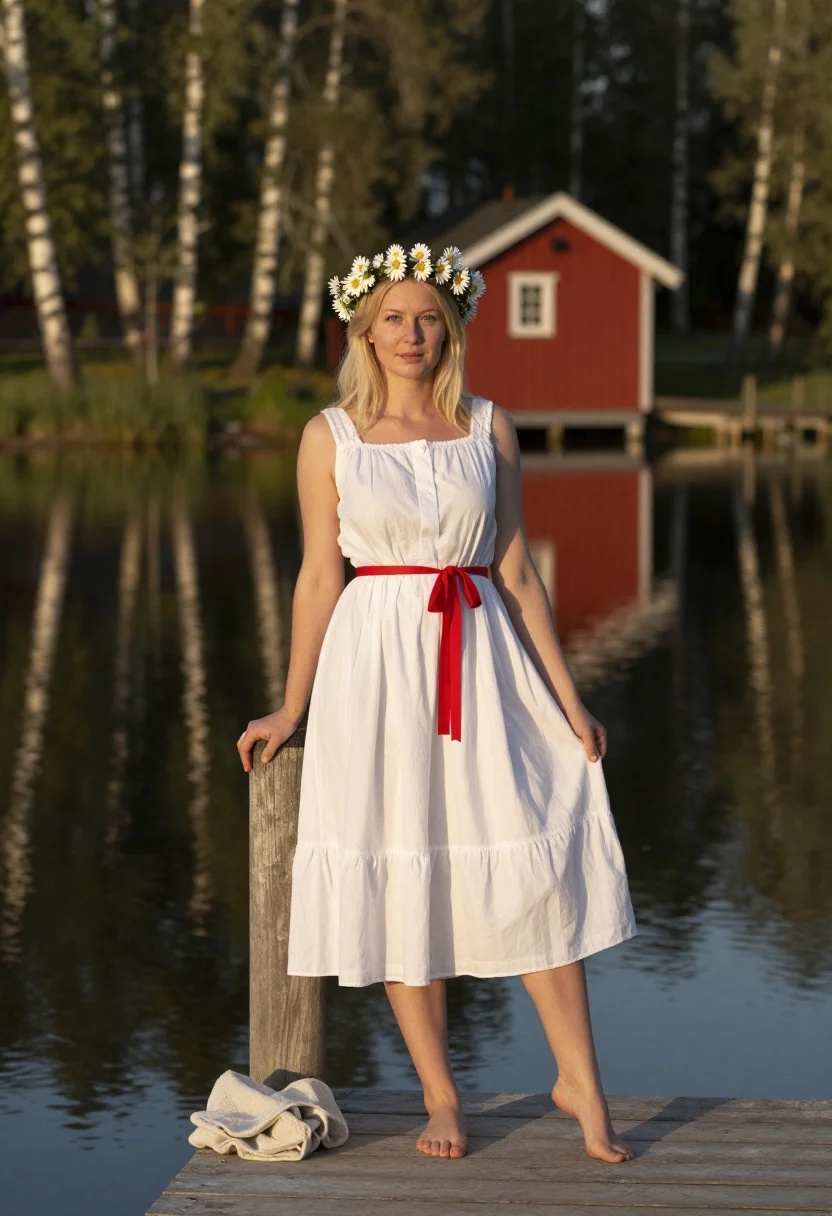 AI swedish midsummer sample — photograph of a grown woman, Swedish, with pale skin, blue eyes, standing at the jetty's end in a white cotton dress and flower crown.