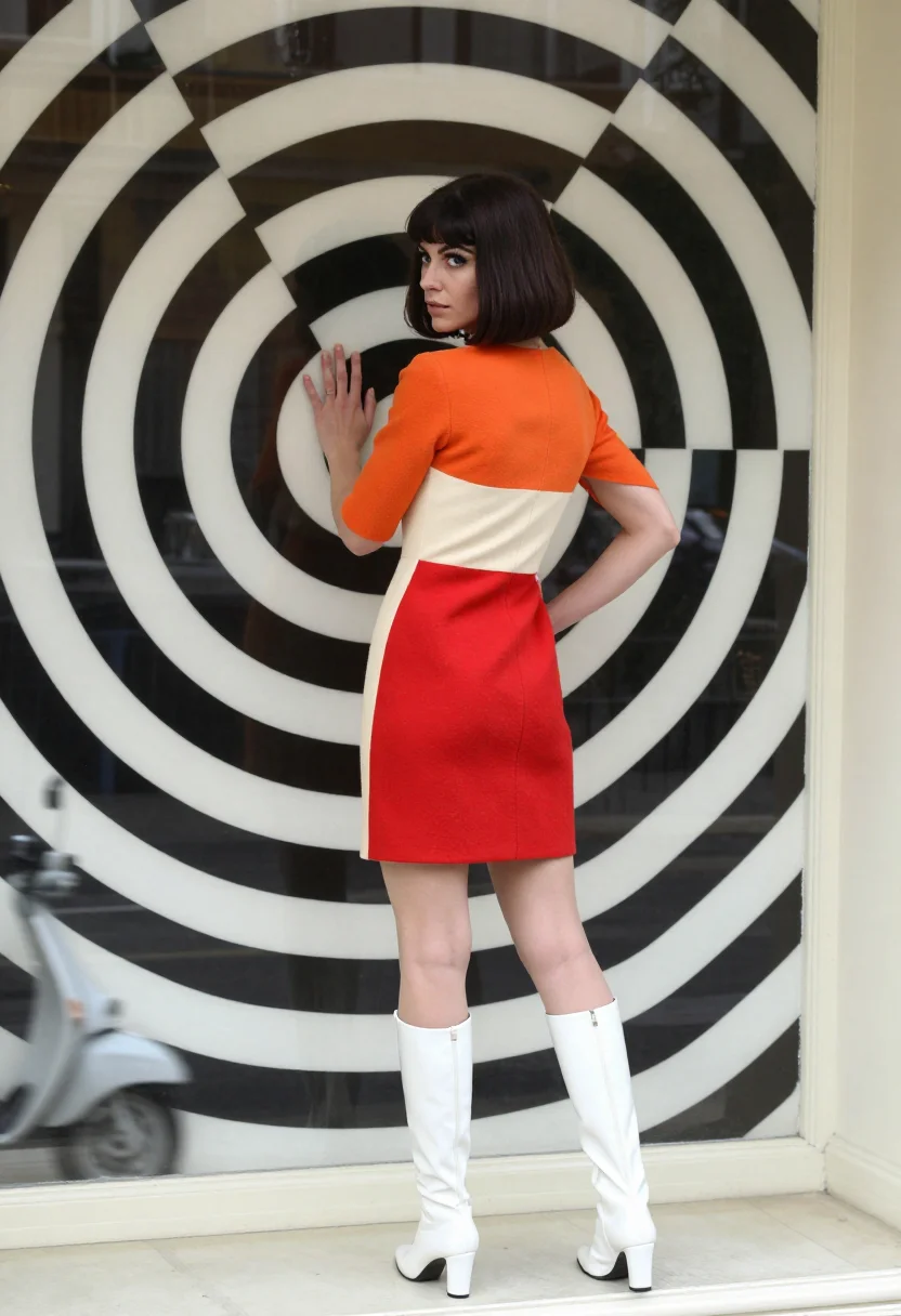 AI swinging london sample — photograph of a grown woman, Western-European, with pale skin, in the flat's bright light, the op-art pattern behind her and a bob haircut.