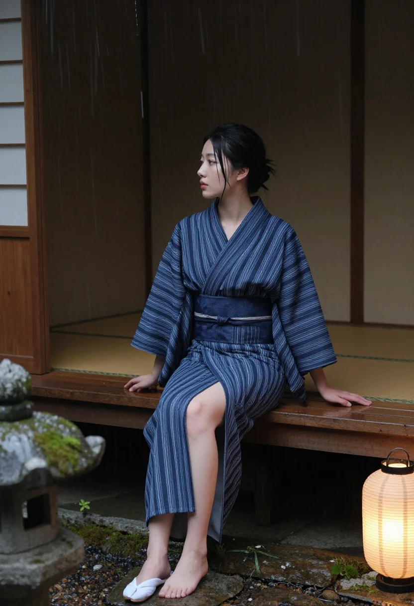 AI tabi off tatami sample — photograph of a woman, side view, seated on the edge of the veranda