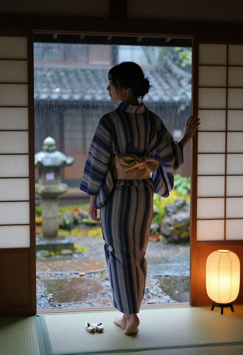 AI tabi off tatami sample — photograph of a woman, rear view, standing full-length on green tatami