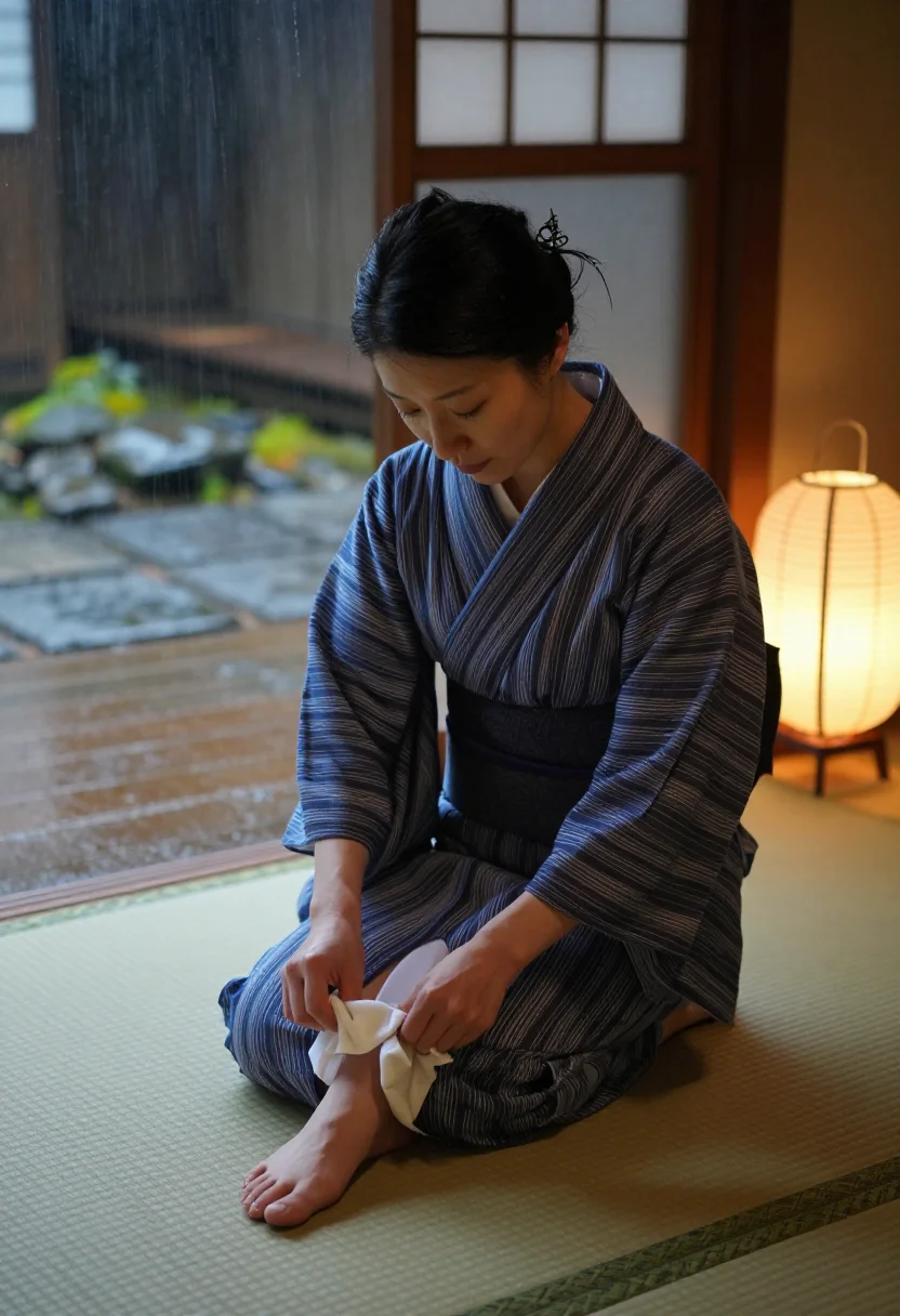 AI tabi off tatami sample — photograph of a woman, three-quarter view, kneeling on green tatami