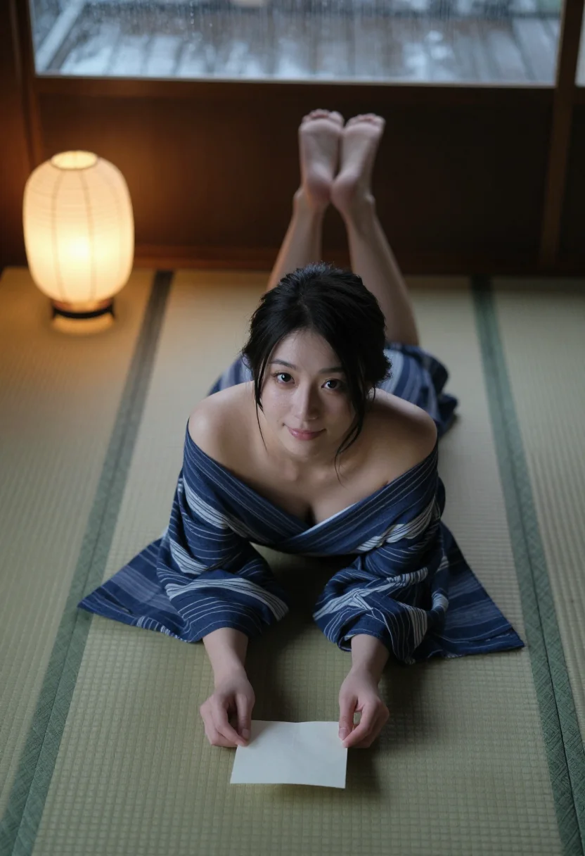 AI tabi off tatami sample — photograph of a woman, high three-quarter view from above, the obi in frame
