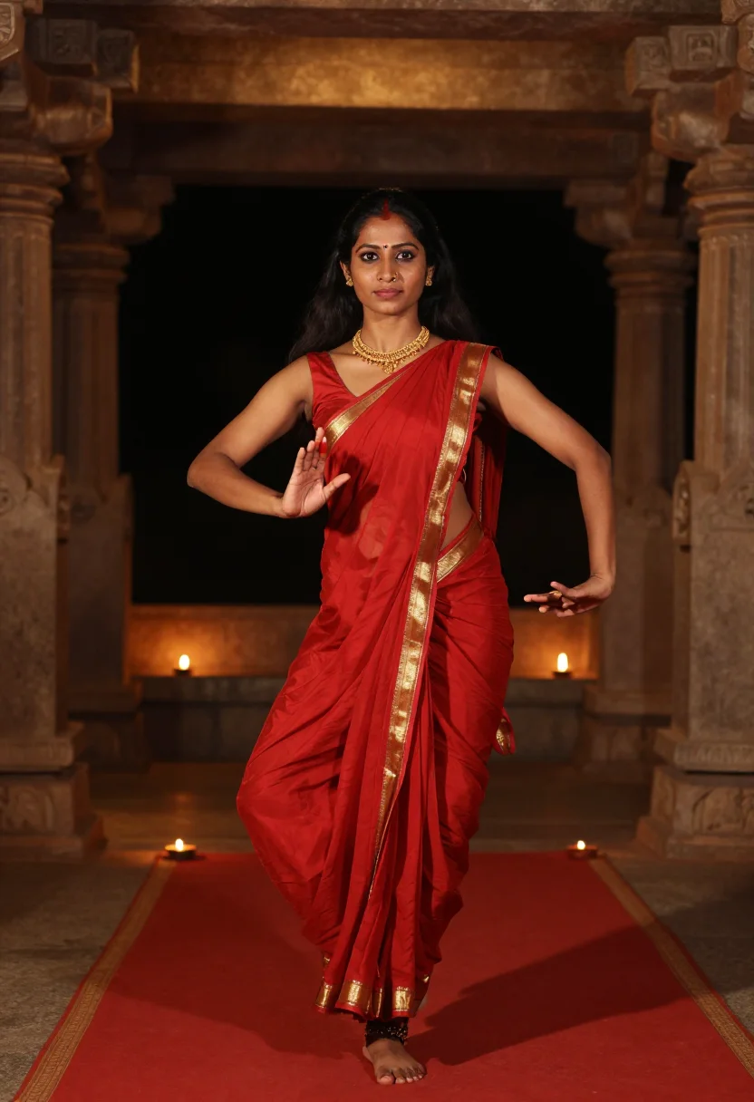 AI tantra temple sample — portrait of an adult woman, three-quarter-length, dancing on the red cloth in the dhoti wrap