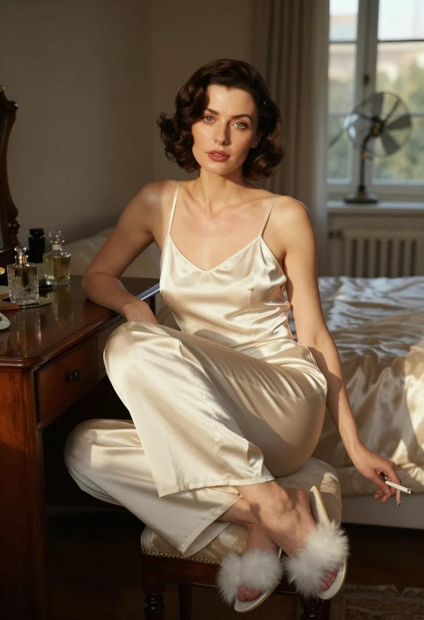 AI tap pants sample — portrait of an adult Western-European woman, in ivory silk tap pants and a bias-cut camisole at the vanity