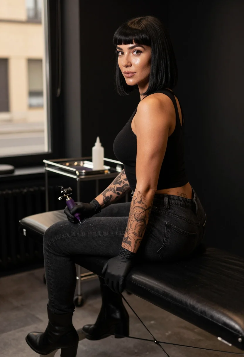 AI tattoo artist sample — portrait of a woman, full side-profile photograph in a tattoo studio.