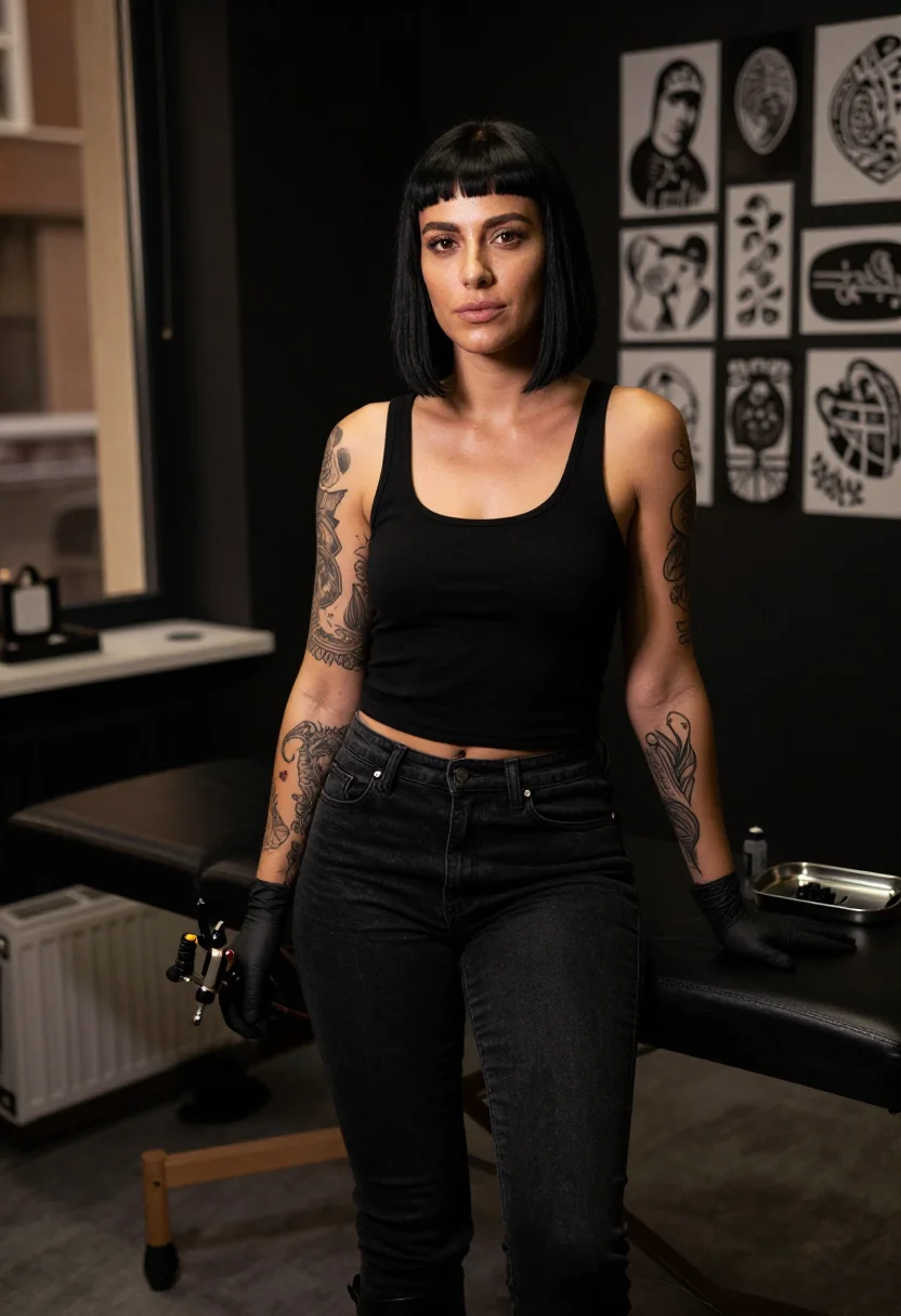 AI tattoo artist sample — portrait of a woman, full-length night photograph in a tattoo studio.