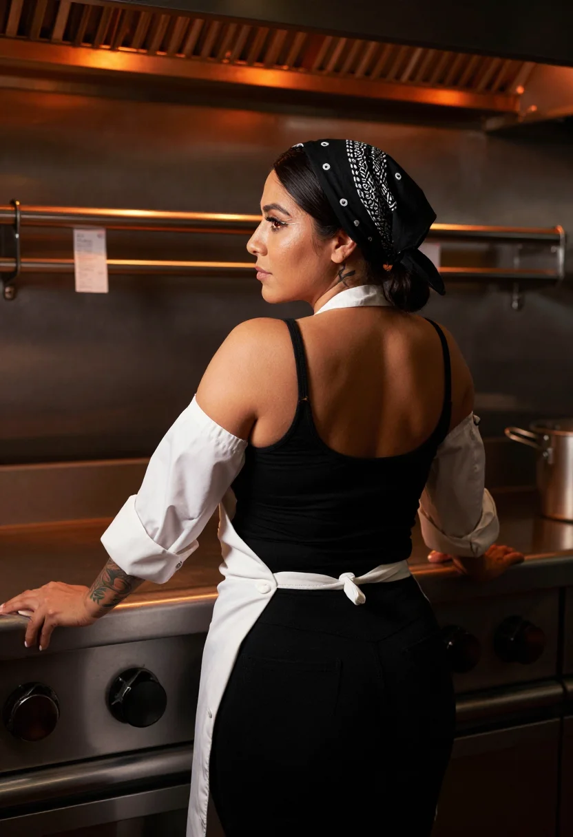 AI tattooed chef pass sample — photograph of a woman, three-quarter-length rear view at the pass