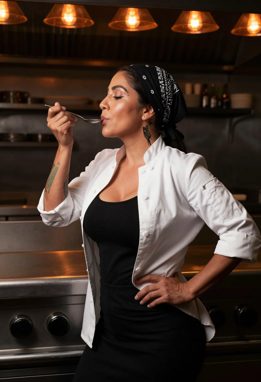 AI tattooed chef pass sample — photograph of a woman, three-quarter-length side-view photograph at the pass