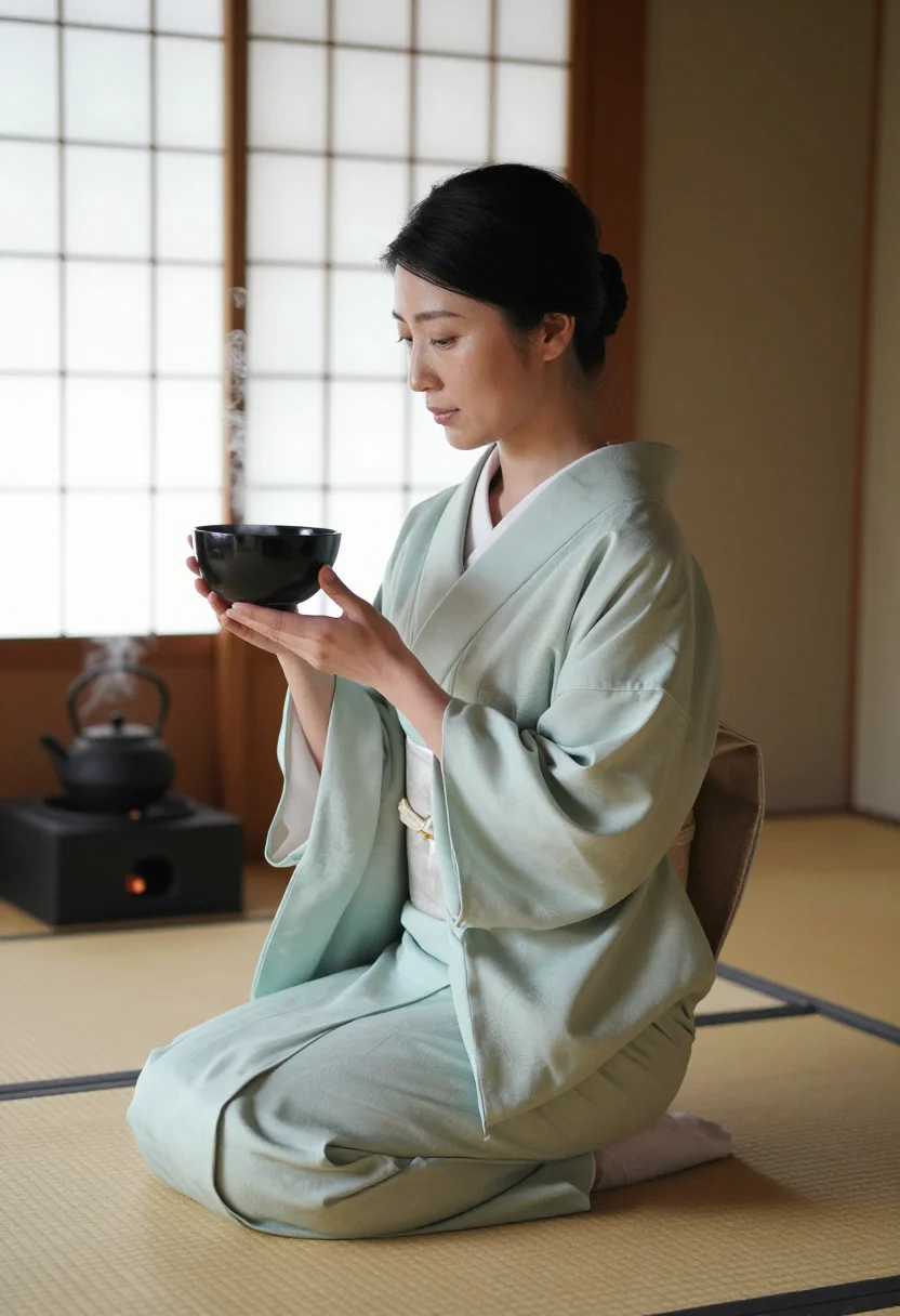 AI tea ceremony sample — photograph of a woman, three-quarter-length profile photograph with the bowl