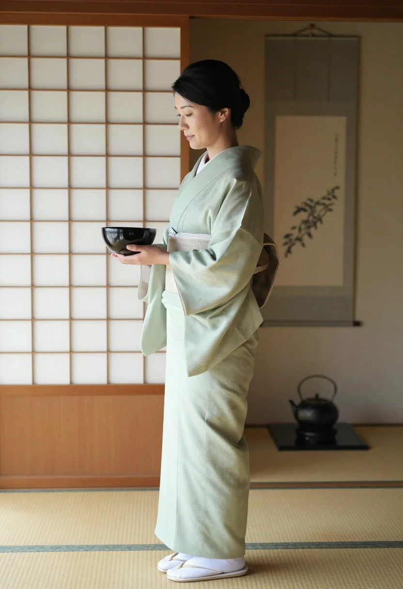 AI tea ceremony sample — photograph of a woman, full-length profile photograph of an adult on the tatami