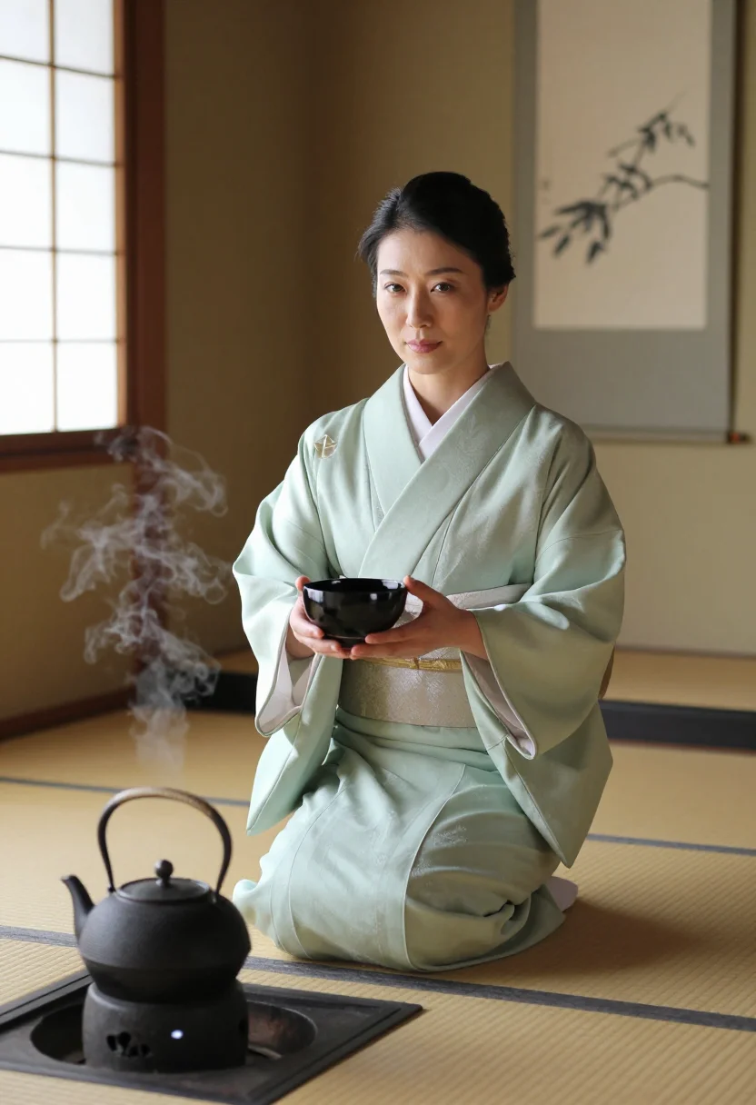 AI tea ceremony sample — photograph of a woman, three-quarter-length photograph of an adult with the raku bowl