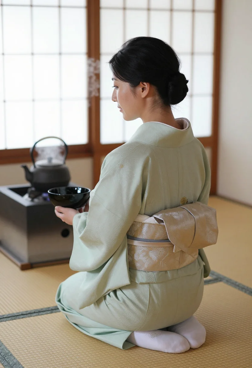 AI tea ceremony sample — photograph of a woman, half-length rear three-quarter photograph in the tea room