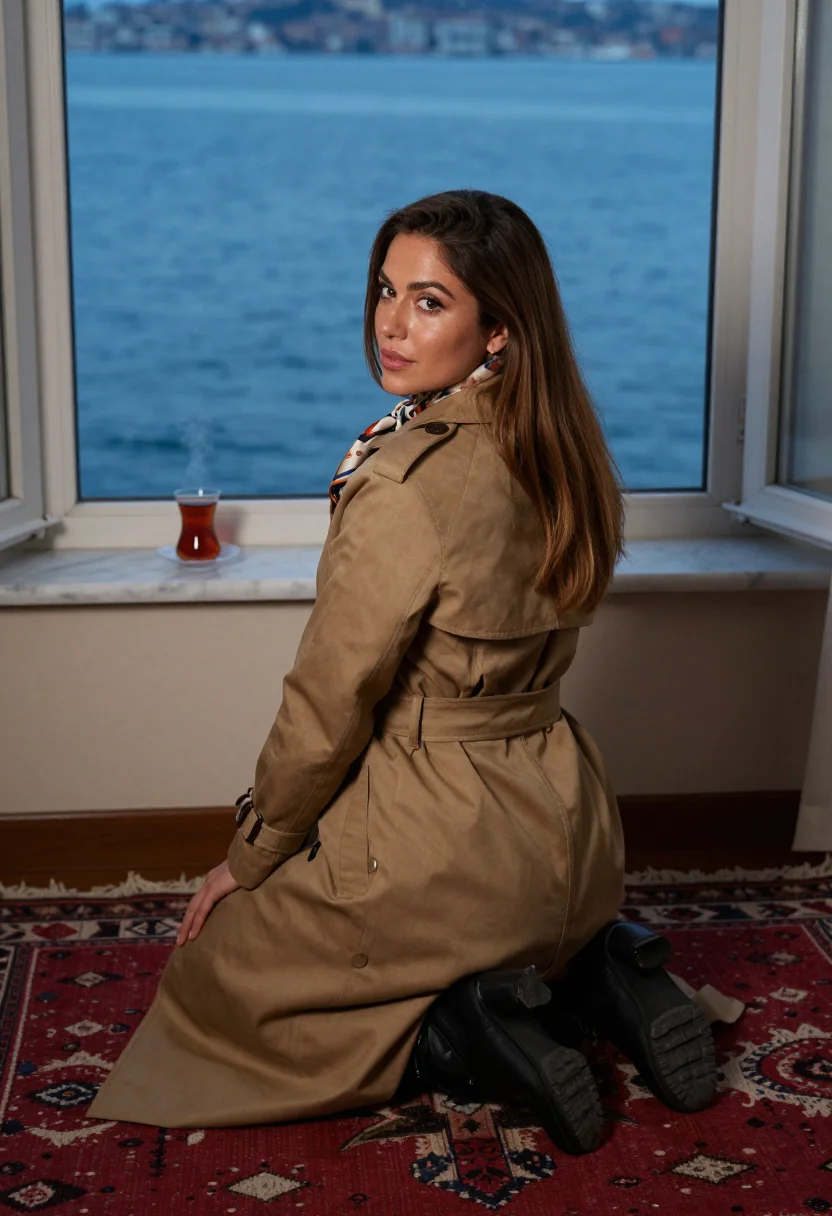 AI tesettur istanbul sample — portrait of a woman, kneeling in three-quarter-rear view on 