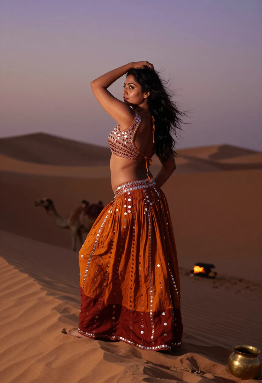 AI thar camp sample — photograph of a grown woman, North-Indian, with warm brown s