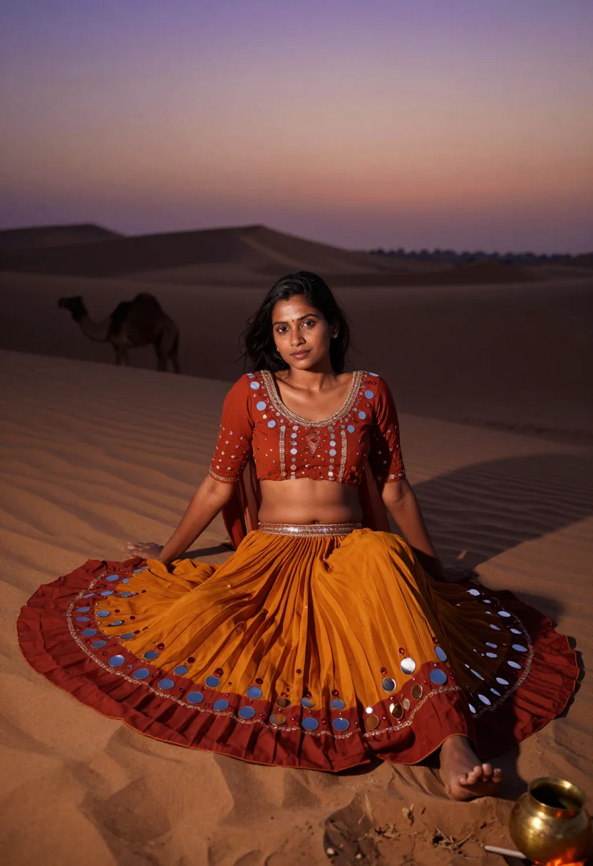 AI thar camp sample — photograph of a grown woman, North-Indian, with warm brown s