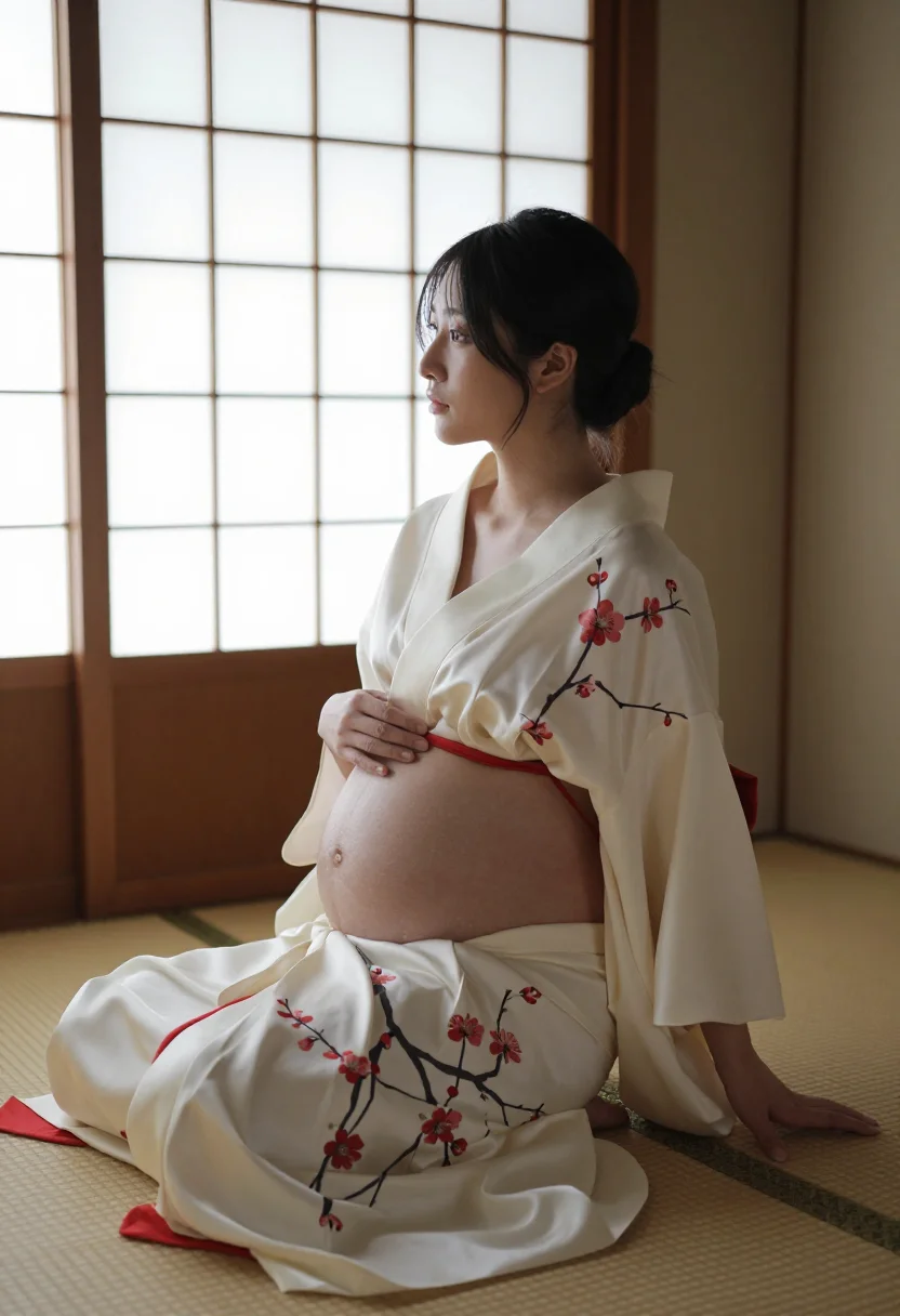 AI tokyo maternity studio kimono sample — portrait of a woman, an adult Japanese woman three-quarter rear view in the studio