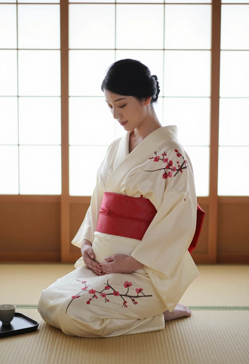 AI tokyo maternity studio kimono sample — portrait of a woman, an adult Japanese woman in a three-quarter view with the red obi