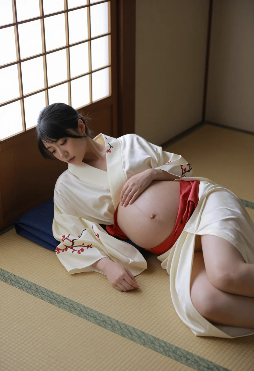 AI tokyo maternity studio kimono sample — portrait of a woman, an adult Japanese woman seated with the robe open at the waist